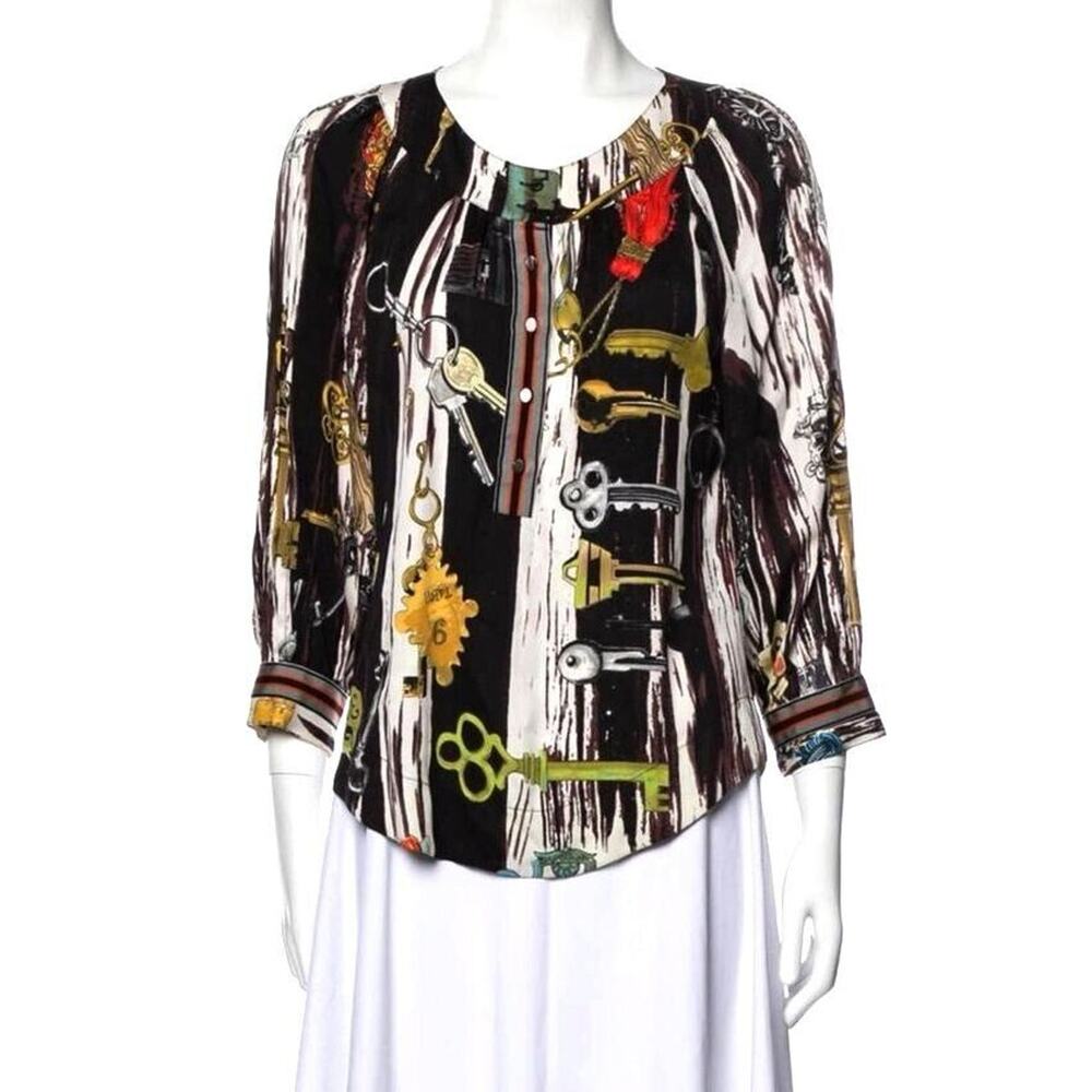B0 Auth DIANE VON FURSTENBERG Key Printed Silk 3/4 Sleeve Blouse Top Size 0